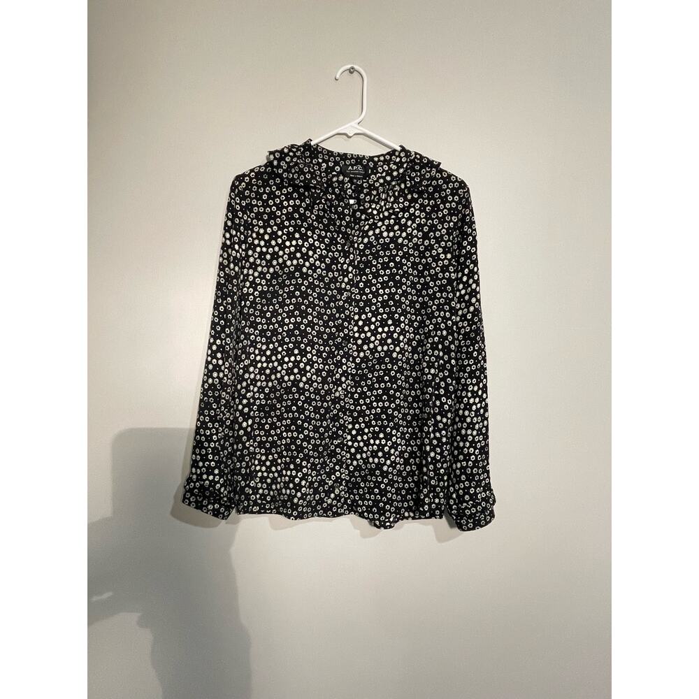 A.P.C. Black and White Micro-Floral Printed Ruffle Blouse